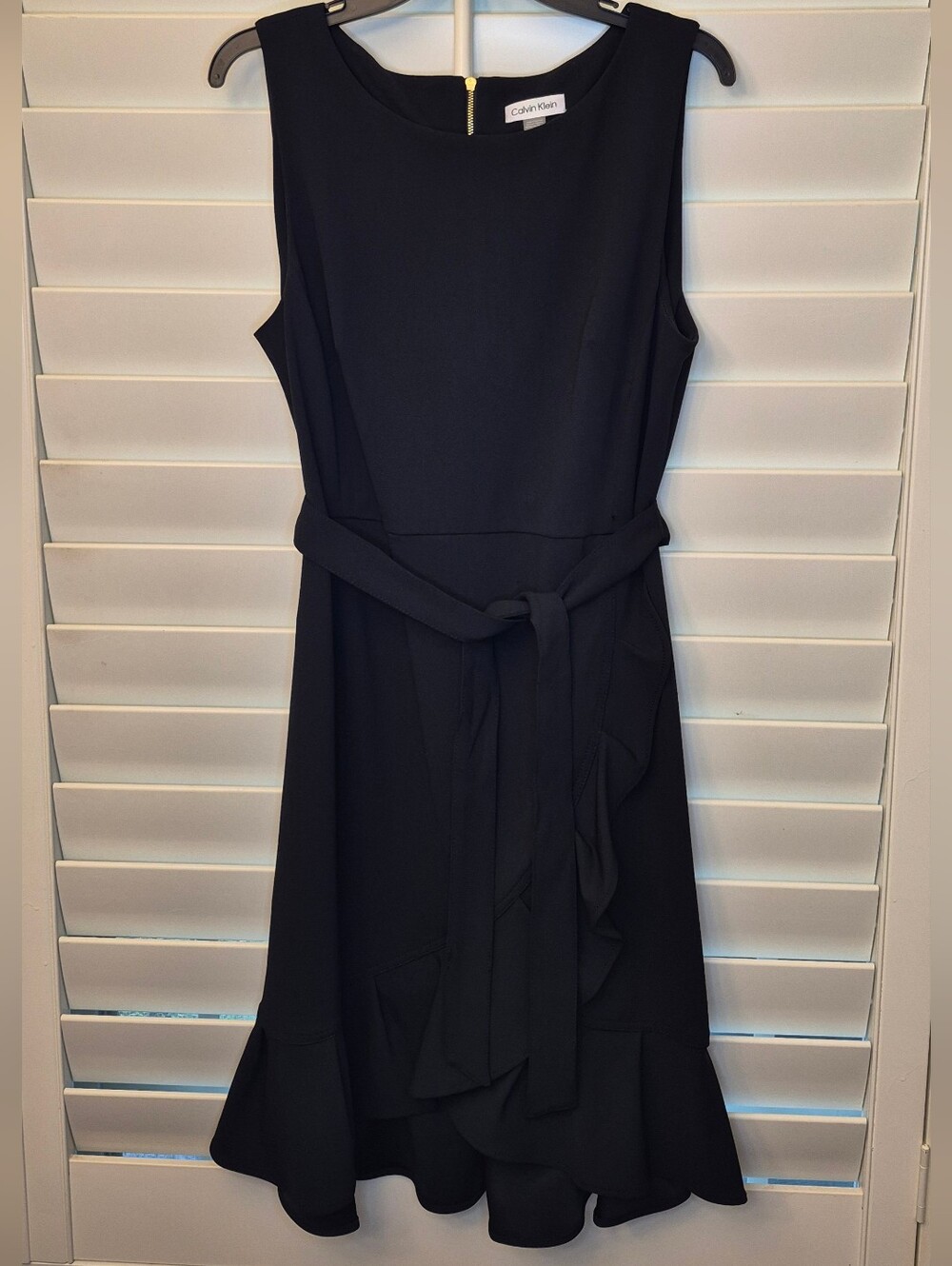 Calvin Klein Black Sleeveless Ruffle-Hem Dress with Waist Tie Gold Zipper Sz 14 - Picture 4 of 11